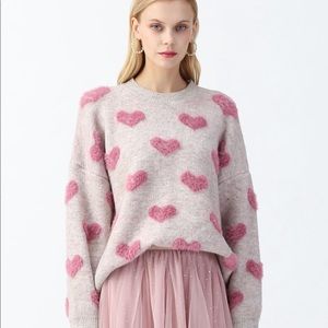 CONTRAST COLOR FUZZY HEARTS KNIT SWEATER